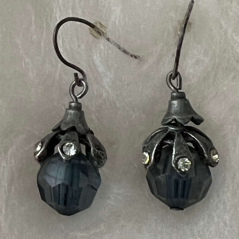 Dangly Pierced Earrings: Blue-Green Beads, Rhinestones & Metal